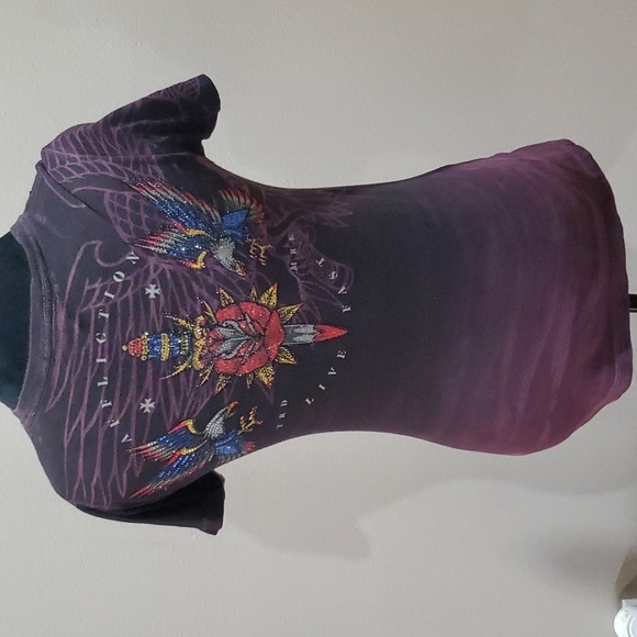 Affliction black label eagle wing jewelled t shirt burgandy black distressed - Picture 5 of 7